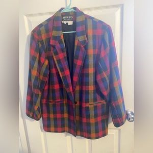 Vintage Adolfo Wool Blazer Jacket Pink/Blue Plaid Preppy Academia Coat Medium